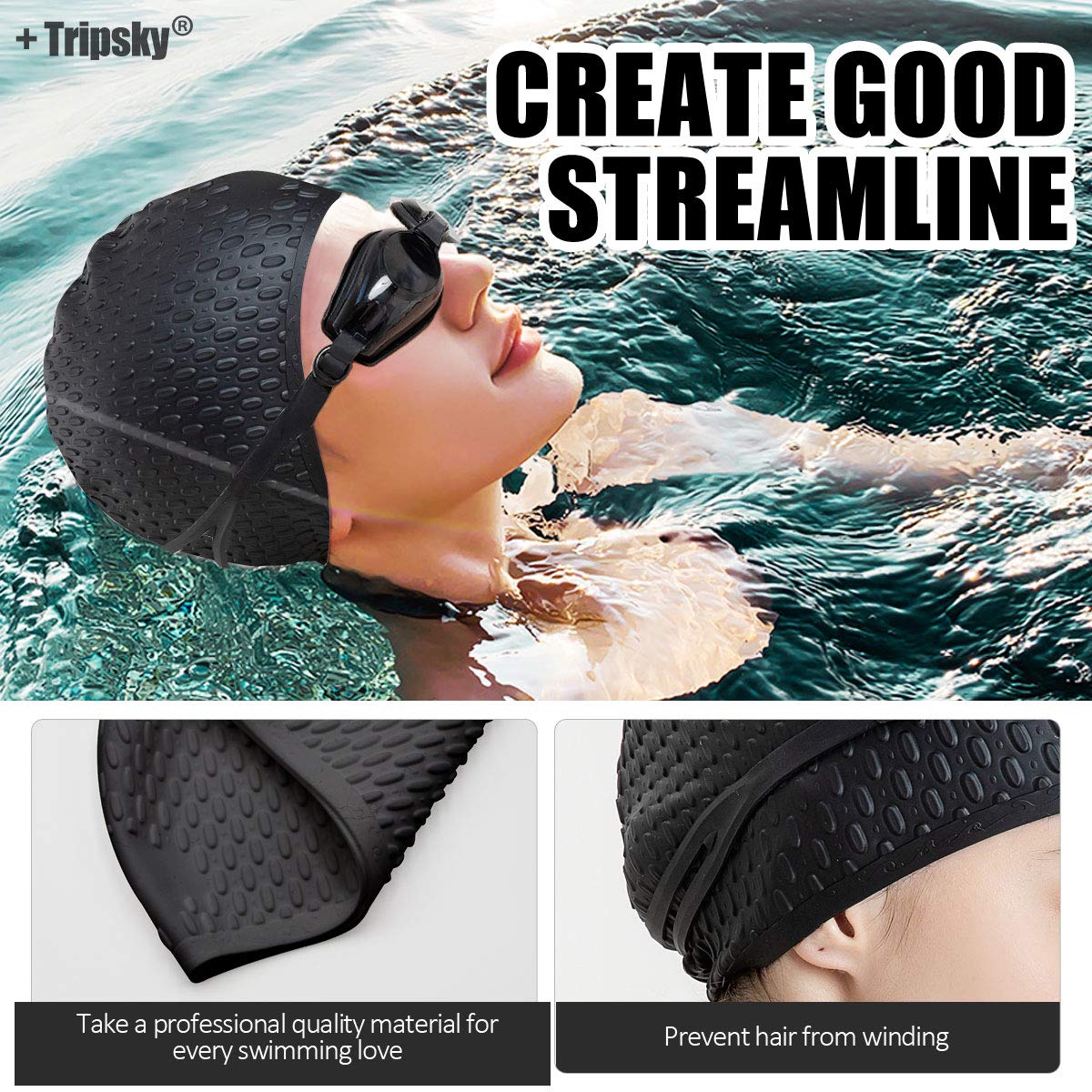 Tripsky Silicone Swim Cap,Comfortable Bathing Cap Ideal for Curly Short Medium Long Hair, Swimming Cap for Women and Men, Shower Caps Keep Hairstyle Unchanged (Black)