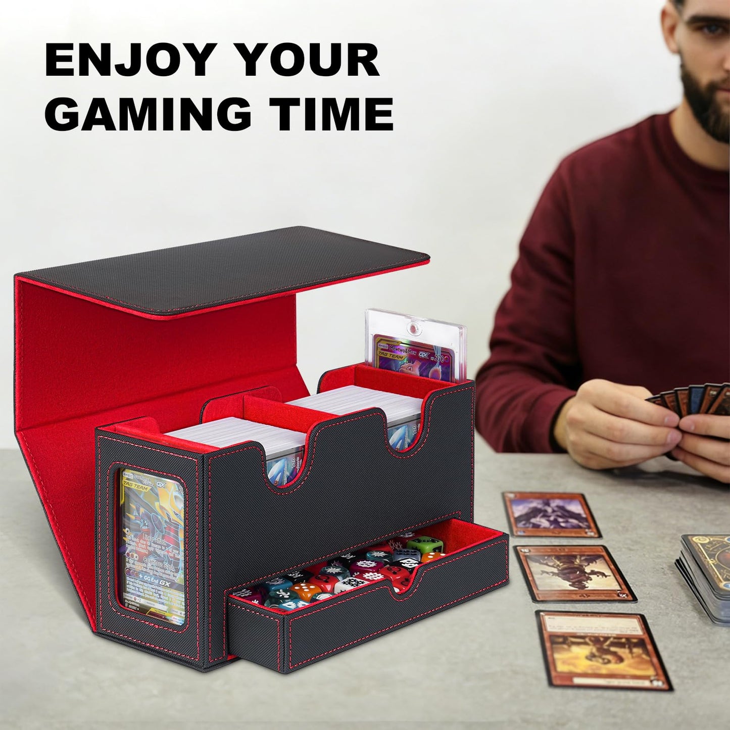 Jaffzora Card Deck Box for MTG Commander, Deck Display Case Holds 200+ Double-Sleeved Cards, 35pt Card Brick & Dice Tray, Storage Box For TCG CCG Sports, Black&Red