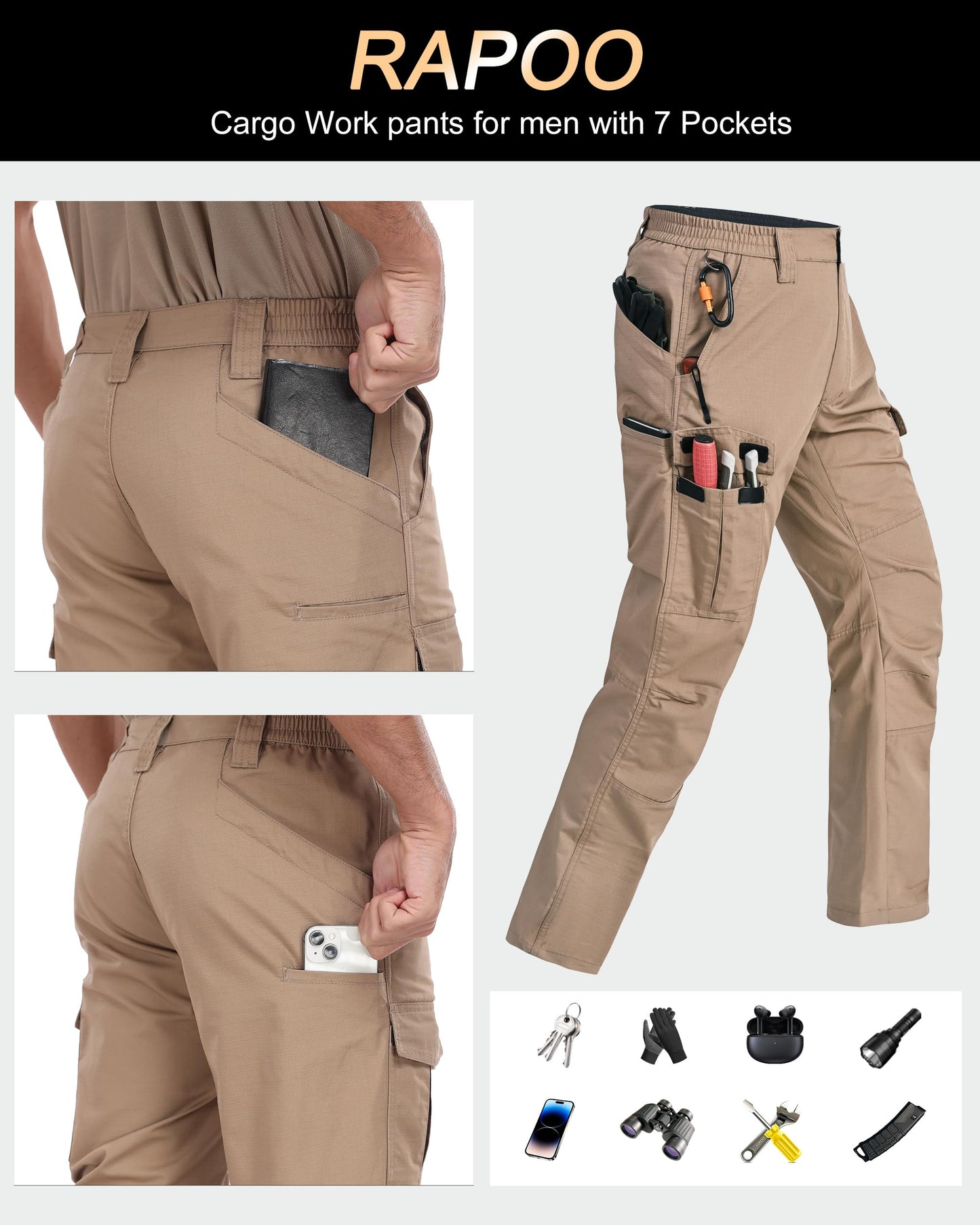 Rapoo Cargo Work Pants for Men Military Army Casual Hiking Pants for Men with Multi Pockets Elastic Waist Mens Ripstop Construction Carpenter Pants Khaki 34Wx32L