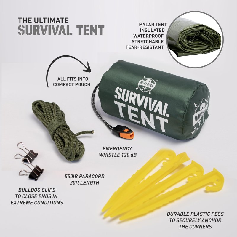 Monterra Emergency Tent, 2 Person Survival Shelter, Thermal Mylar, Waterproof, Outdoor Camping Gear and Equipment, Survival Kits, Compact Bivvy Tarp, includes Paracord and Accessories.