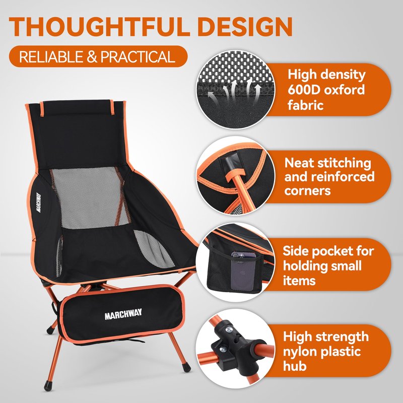 MARCHWAY Lightweight Folding High Back Camping Chair with Head Support, Stable Portable Compact for Outdoor Camp, Travel, Beach, Picnic, Festival, Hiking, Backpacking (Highback Orange)