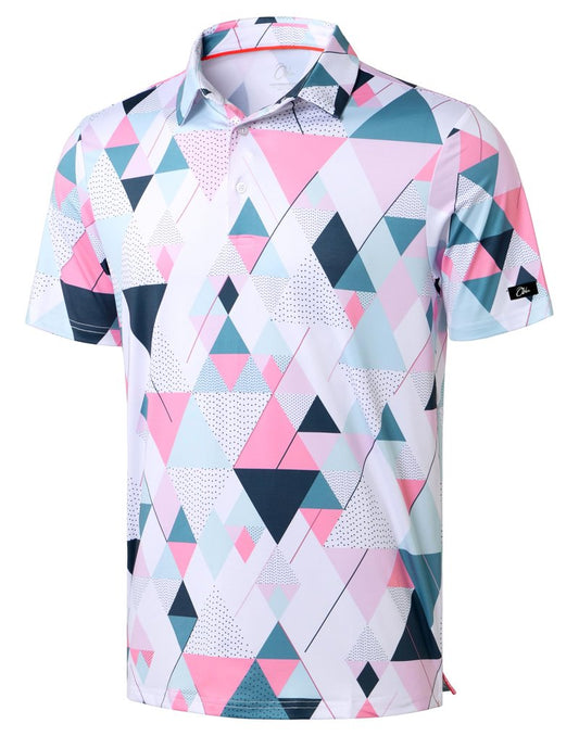Obla Mens Golf Polo Shirts Short Sleeve Dry Fit Performance Moisture Wicking Casual Print Collared Golf Shirts for Men(White Pink Geometry_S)