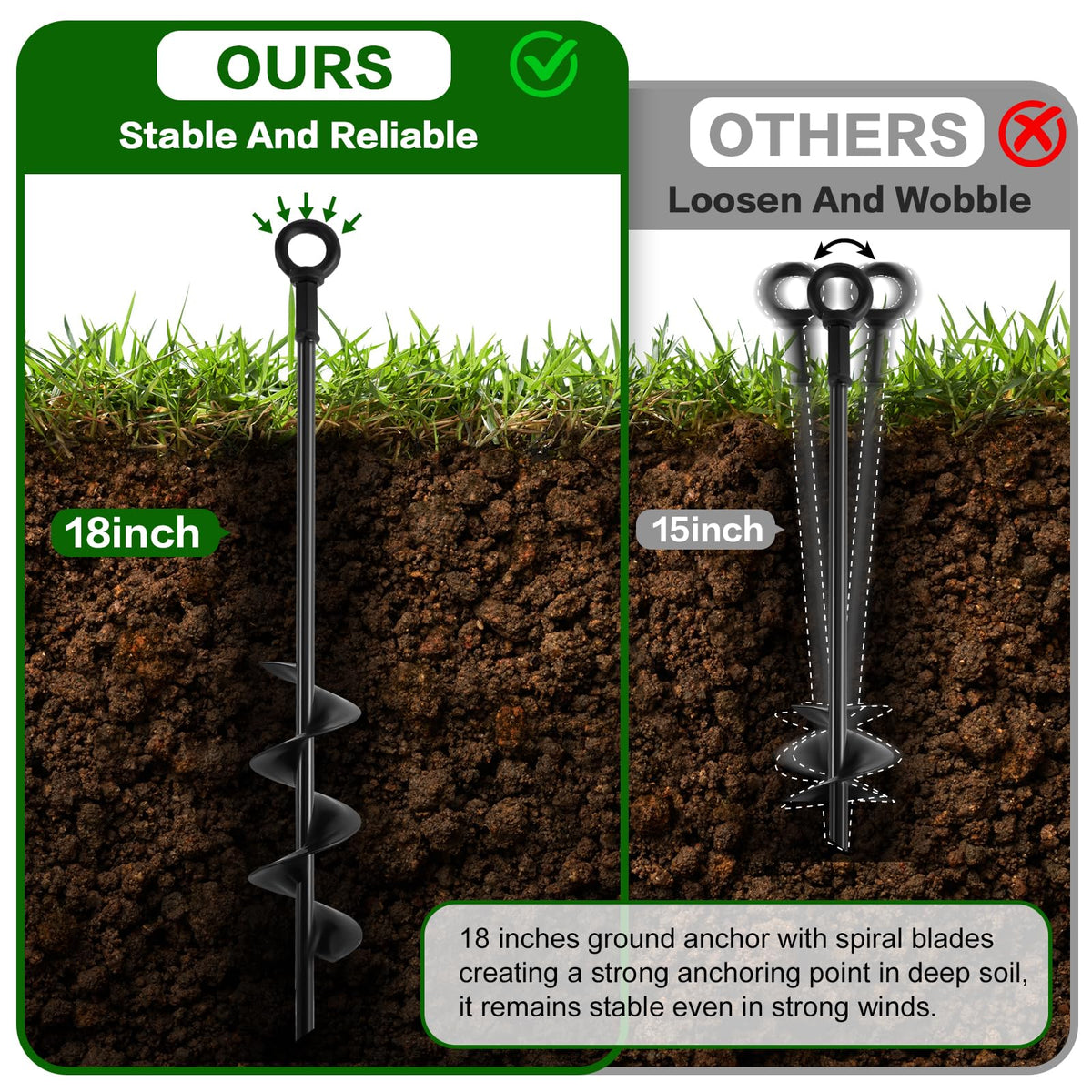Qimshemi 18-Inch Ground Anchors Screw In Heavy Duty, 4 Pack Trampoline Anchors & Stakes High Wind With Wrenches And Straps, Earth Anchors Kit For Swing Sets, Sheds, Camping Tent, Canopies, Mobile Home