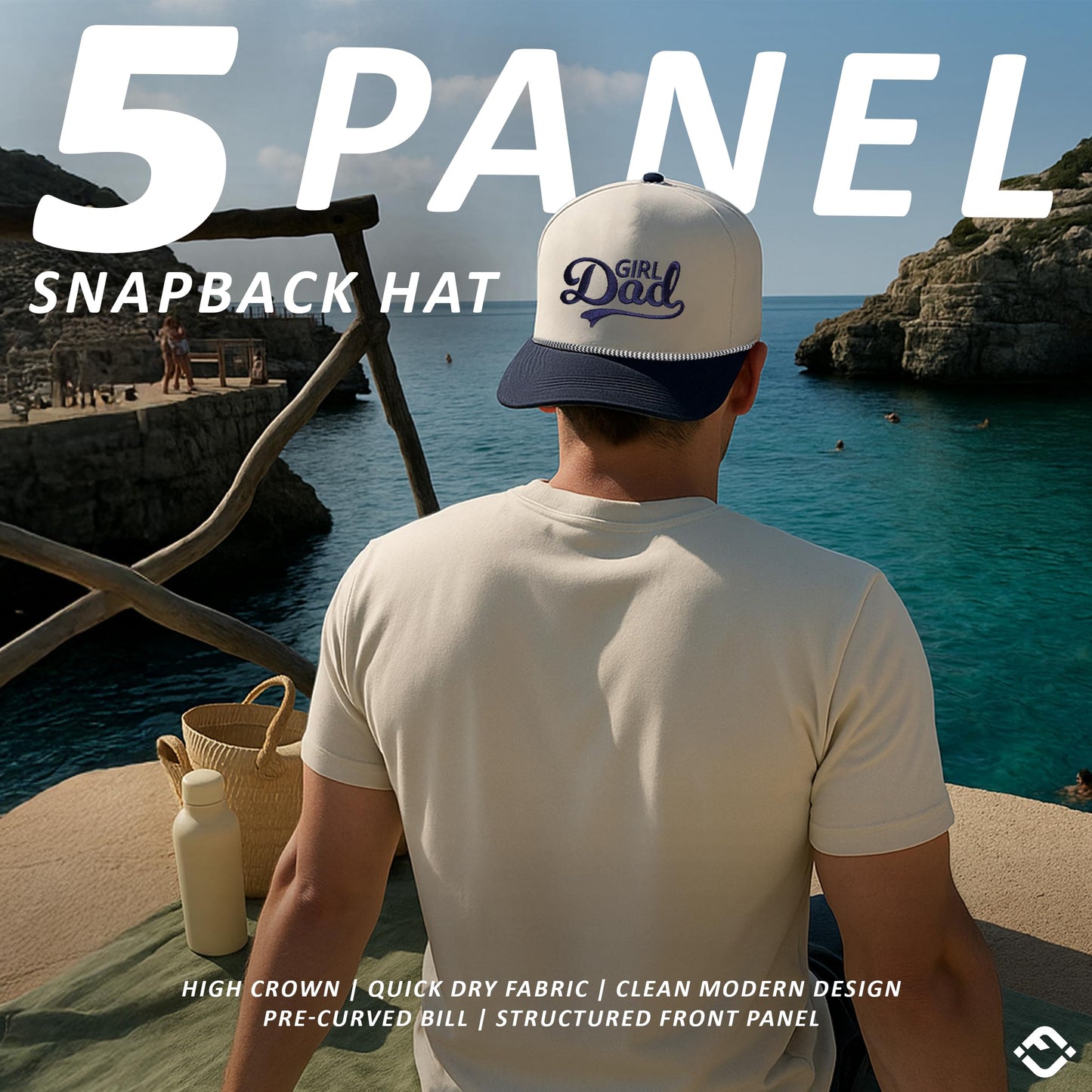 Funky Junque Golf Hat for Men - Performance Waterproof 5 Panel Rope Trucker Snapback, Breathable Workout Cap - Girl Dad - Navy/Beige