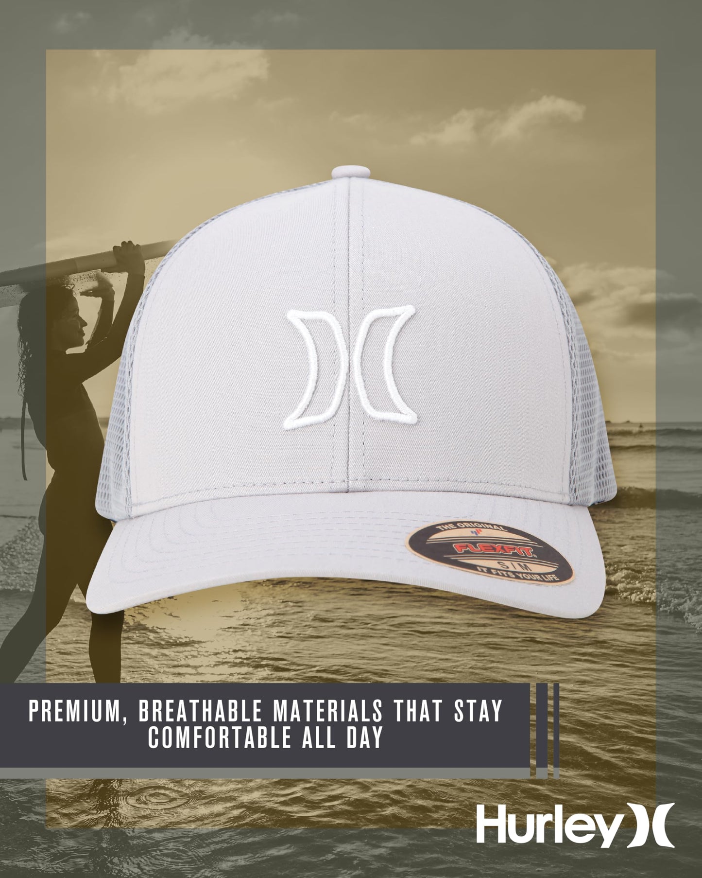 Hurley Mens Trucker Hat - Lightweight Breathable Stretch Mesh Back Curved Bill Baseball Cap with 3D Front Icon Logo, Size Large-X-Large, Light Grey
