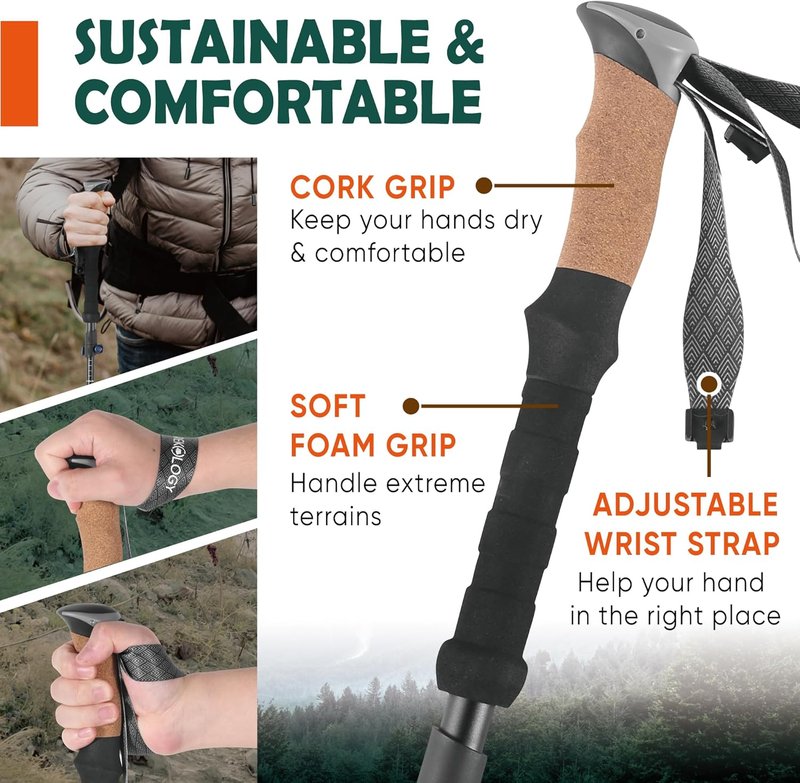 Trekology Trek-Z Cork Grip Trekking Poles - Lightweight Adjustable Hiking Sticks | Compact Travel Design, Aluminum
