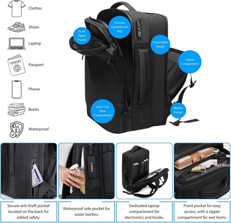 Vacuum Travel Backpack - 70L Expandable Air Backpack with Pump | TSA Lock, USB Charging, Waterproof