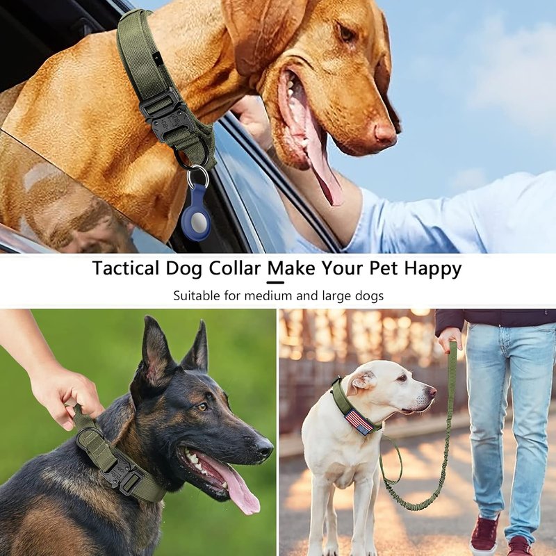 Tactical Dog Collar - Adjustable Military Nylon Design with Control Handle & Heavy Metal Buckle | Large Green Set for Medium & Large Dogs