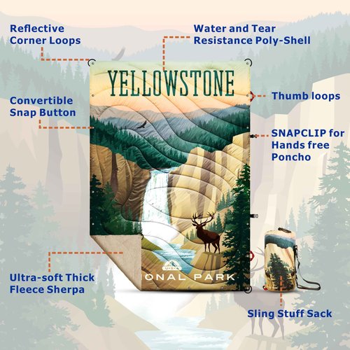 AZITREK Sherpa Puffy Outdoor Blanket for Camping, Traveling, Car, Picnics, Beach, Concert, Stadium Sporting Events - Wearable, Machine Washable, Soft, Warm, Waterproof - 55 X 78 (Yellowstone NP)