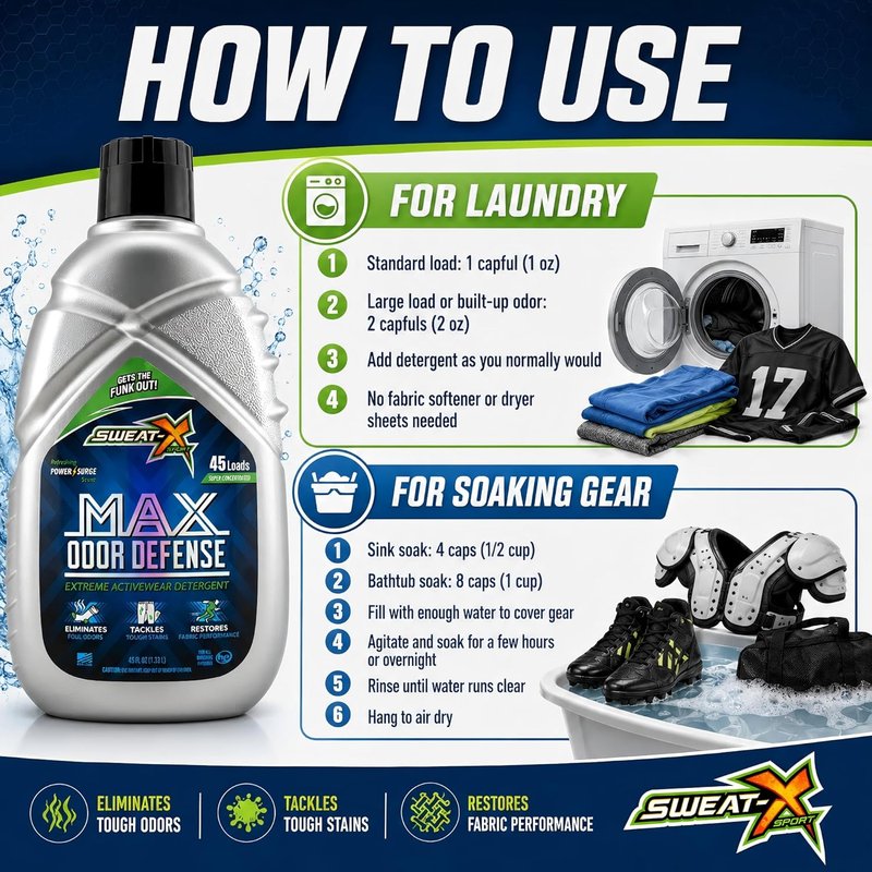 Max Odor Defense Laundry Detergent - Natural Liquid for Activewear & Sensitive Skin | 45 Loads