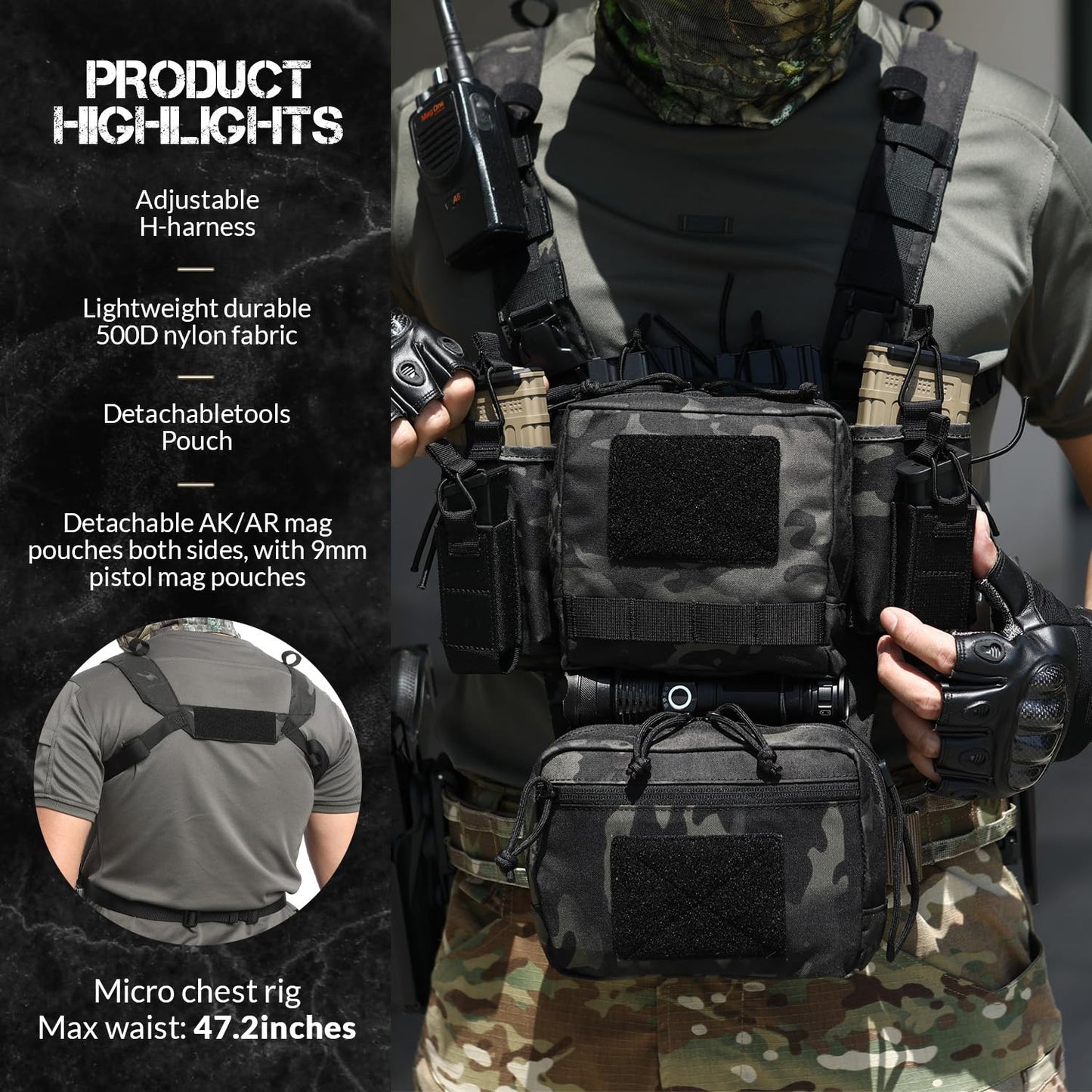 VOTAGOO GEAR Chest Rig-Tactical Chest Rig, Adjustable & Detachable Molle Micro Chest Rigs, with 5.56/7.62 Magazine Pouch, Pistol Pouch