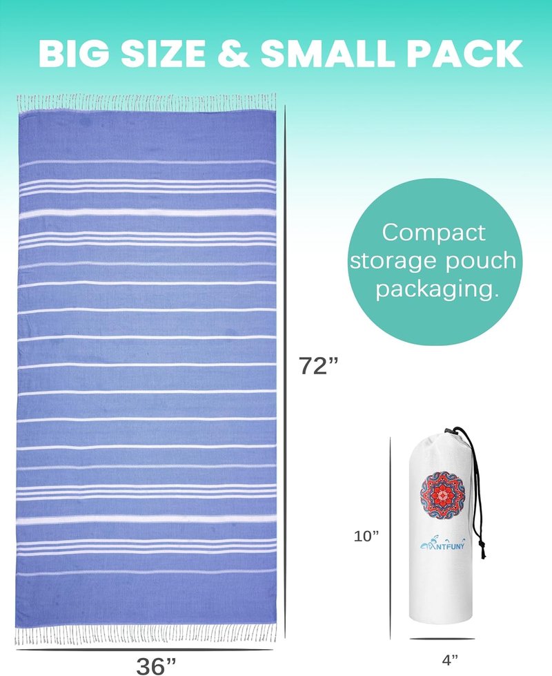 Turkish Beach Towels - 6 Pack Quick Dry, Sand Free, Soft & Absorbent | Lightweight Travel Towels in Blue