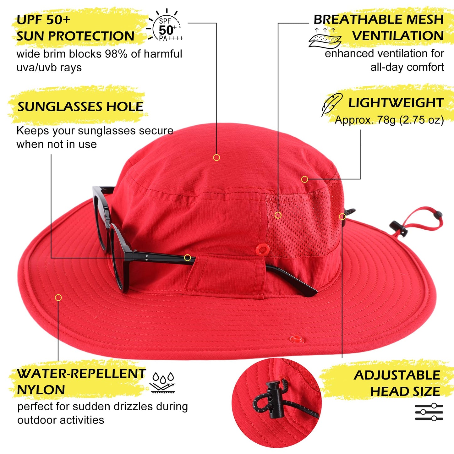 Connectyle Outdoor Wide Brim Bucket Hat for Men Women Adjustable Breathable Fishing Cap UPF 50+ Sun Protection Boonie Hat Red