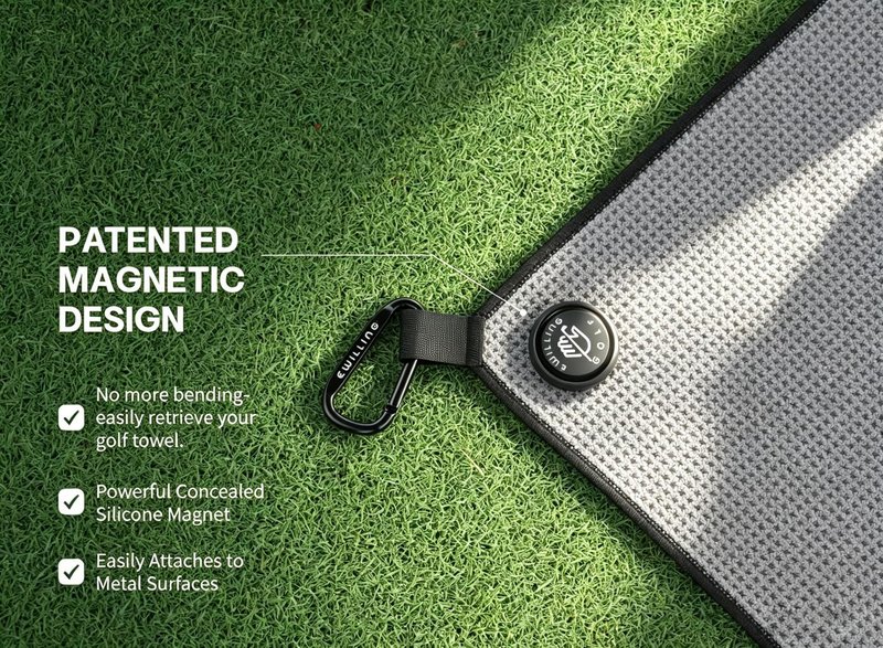 EWILLING Pro-Grade Golf Towel | Thickened Waffle Microfiber, Magnetic Attachment & Carabiner, 18-Inch Square for Optimal Coverage(Grey)