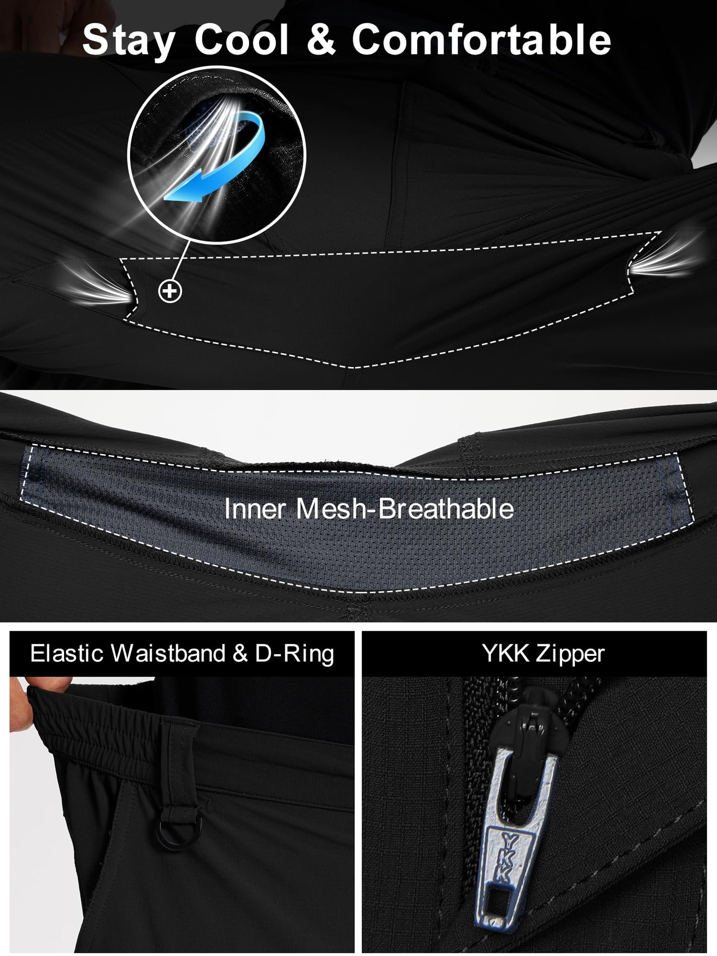 Mens Hiking Cargo Work Nylon Pants - Water & Wear Resistant Breathable Lightweight Stretch Quick Dry - EDC with 6 Pocket Black