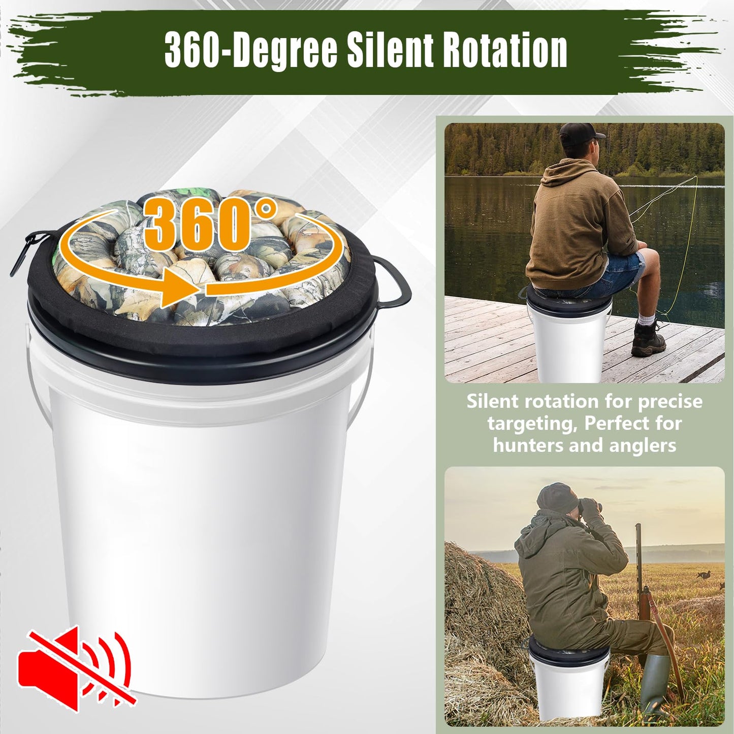 GJL 5 Gallon Bucket Seat Lid, 360 Degree Swivel Memory Foam Bucket Seat Cushion with Padded Top for Hunting, Fishing, Camping, Gardening and Baseball Training, Fits Standard 11"-11 3/4" Bucket