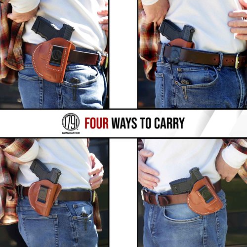1791 GUNLEATHER 4 Way Thumb Break Holster - OWB & IWB Right Handed Leather Gun Holster - Compatible for Glock 17 19 22 23 32, Ruger SR9 SR22, Sig P225 P299, SW MP9 MP40, Taurus G2 (Vintage Brown)