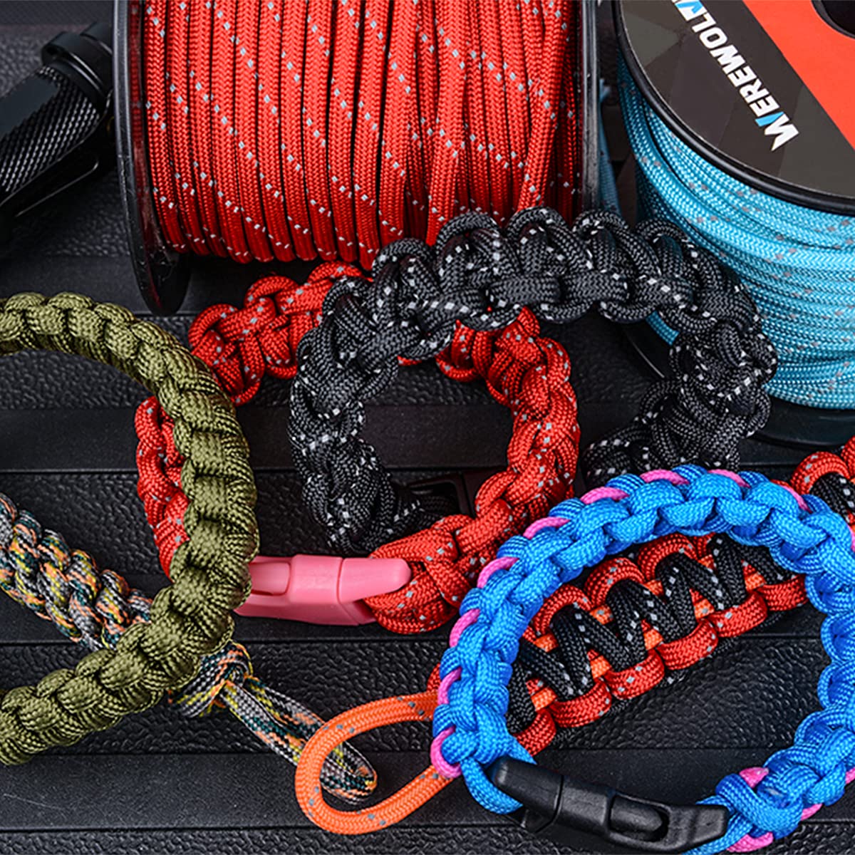 WEREWOLVES Reflective 550&176 lb Paracord - Nylon, Rope Roller,7&3 Strand Utility Parachute Cord for Camping Tent, Outdoor Packaging