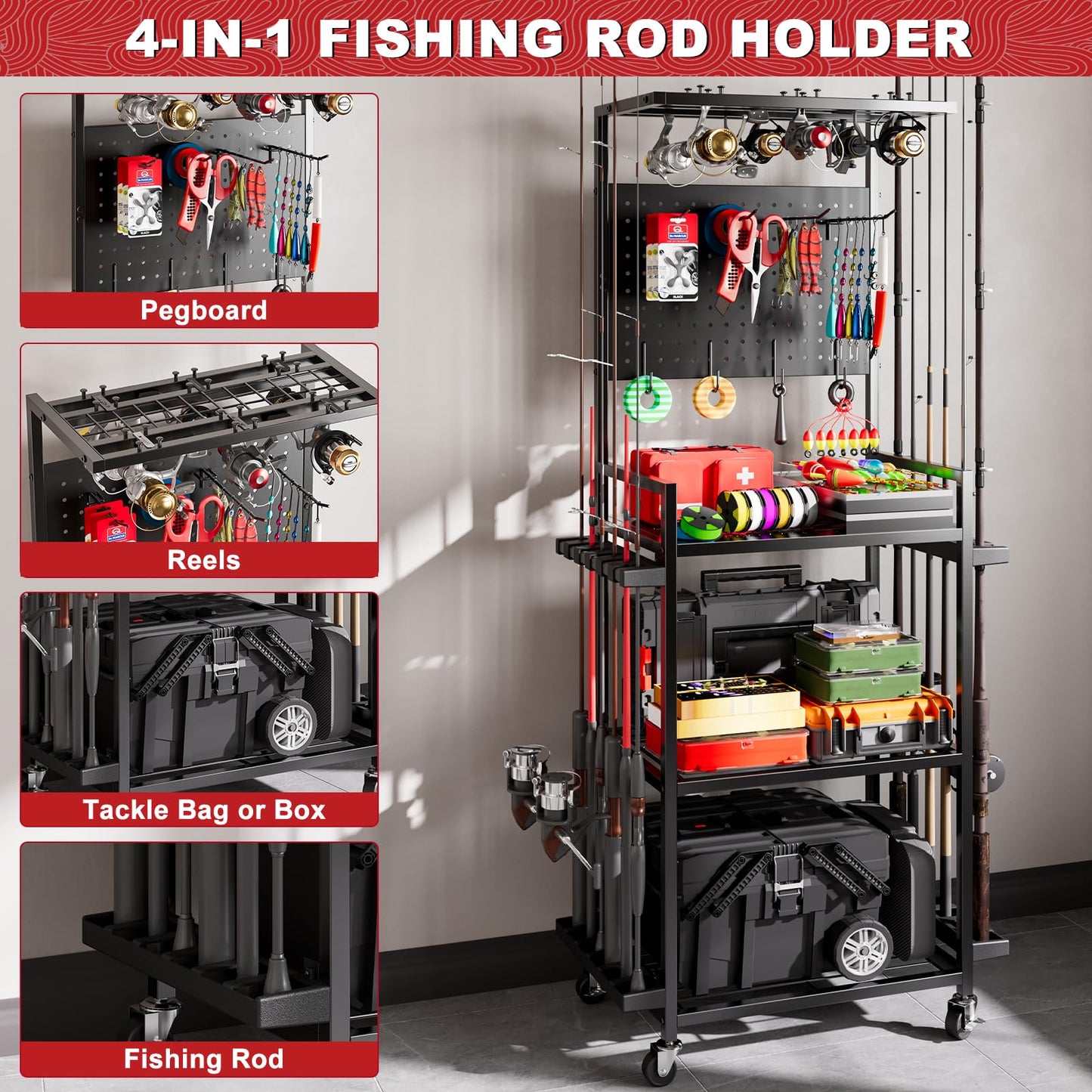 SEEAHEAD Fishing Rod Holders for Garage, 12-Rod Rolling Tackle Cart, Black