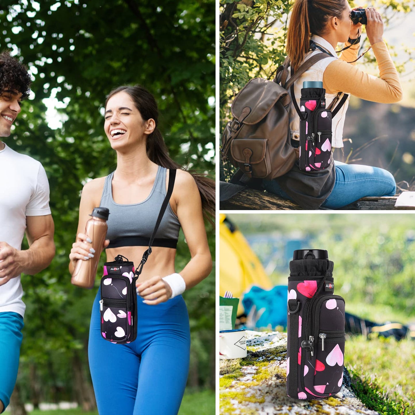 AUPET Water Bottle Sling Bag Sleeve Holder Carrier 25/32/40/64 oz,Insulated Crossbody Water Bottle Case Cover with Strap and Pockets for Men/Women Walking Hiking Camping (40oz, pink heart)