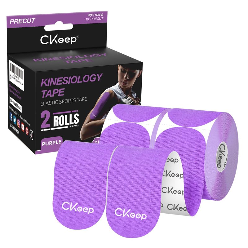 CKeep Kinesiology Tape, 2 Rolls Cotton Latex Free Hypoallergenic Elastic Precut Strips, 2 Inch Wide Waterproof Athletic Tape for Knees Pain Injuries Sprains, Purple