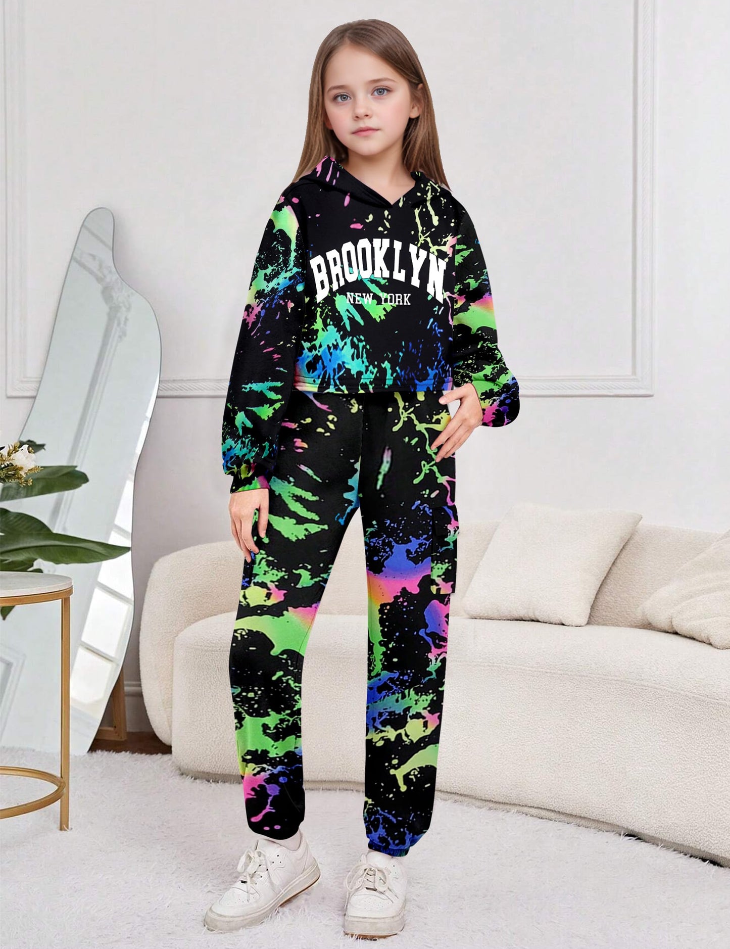 CRISONE Girls Clothes Size 7 8 Fall Winter Outfits Set Neon Print Hoodie Sweatshirt + Sweatpants with Pockets 2 Piece Girls Outfits Sweatsuits