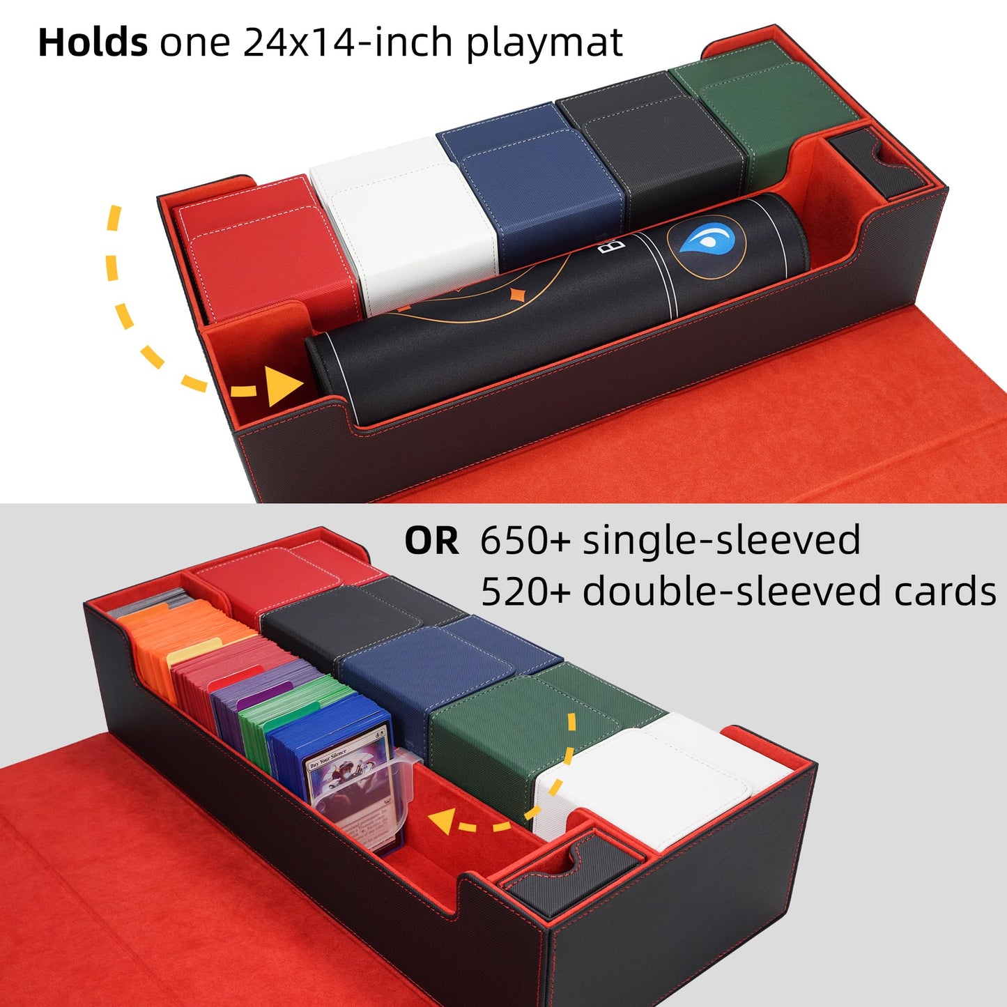 AFIING MTG Deck Box 6 In1 with MTG Playma,Premium Card Storage Box with 5 Pcs MTG Deck Box Holds 2400+ Trading Cards, Large TCG Card Deck Case for Magic Yugioh Sports Cards (Black&Red)