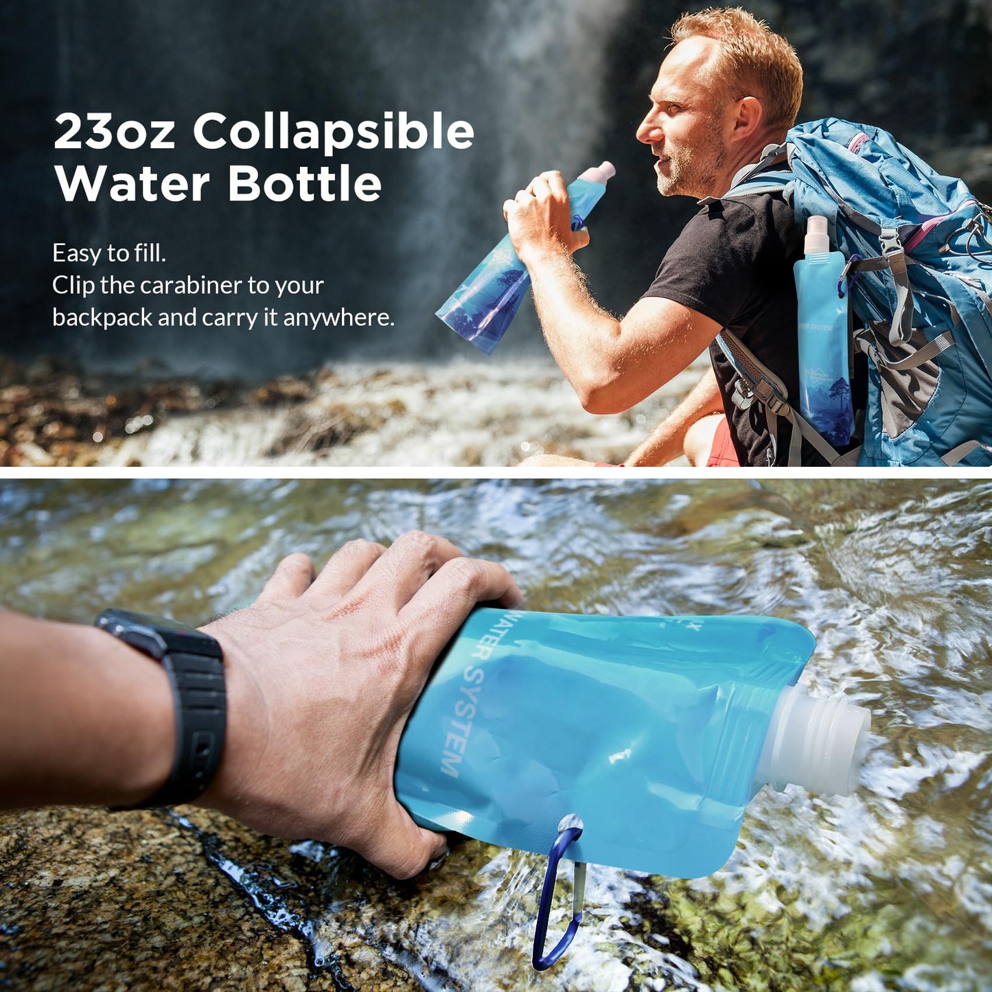 Membrane Solutions 23oz Collapsible Water Bottle for Water Filter Straw, Reusable Water Pouch with Carabiner and Measurement, Foldable Water Container Bag for Hiking Camping Travel Emergency - 4 Pack