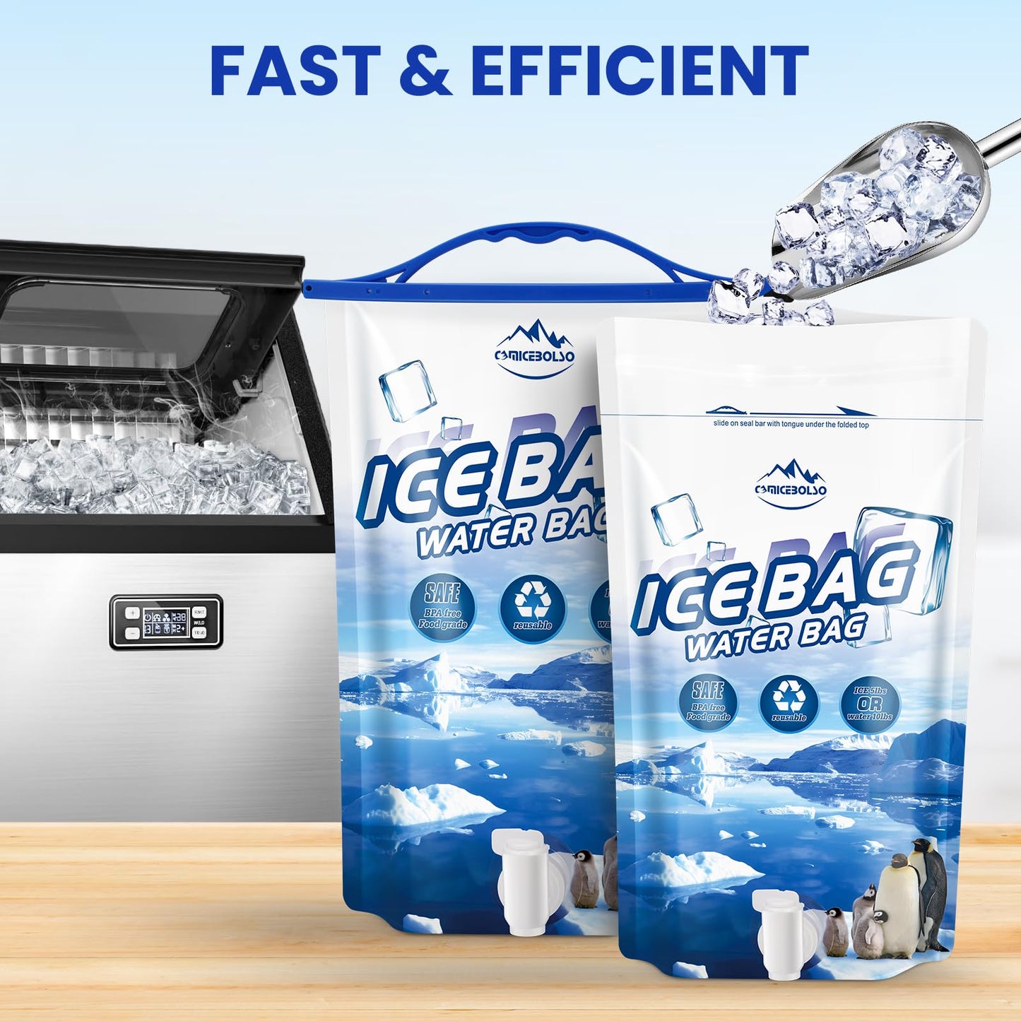 CamiceBolso Large Leakproof Ice Bag,Reusable Ice Bag,5Ib Ice Packs for Cooler, Long Lasting Dry Freezer Packs with Faucet for Camping Hiking and Drinks.