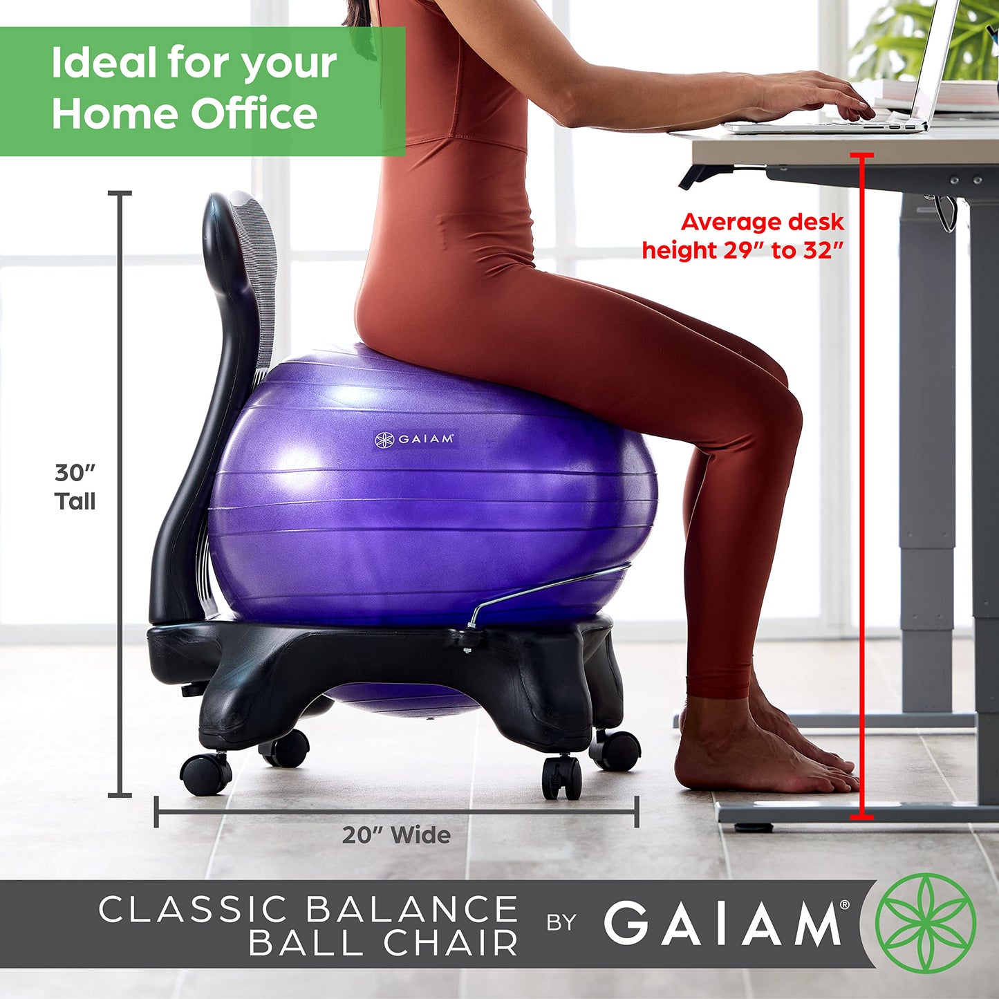 Gaiam Classic Balance Ball Chair – Exercise Stability Yoga Ball Premium Ergonomic Chair for Home and Office Desk with Air Pump, Exercise Guide and Satisfaction Guarantee, Blue