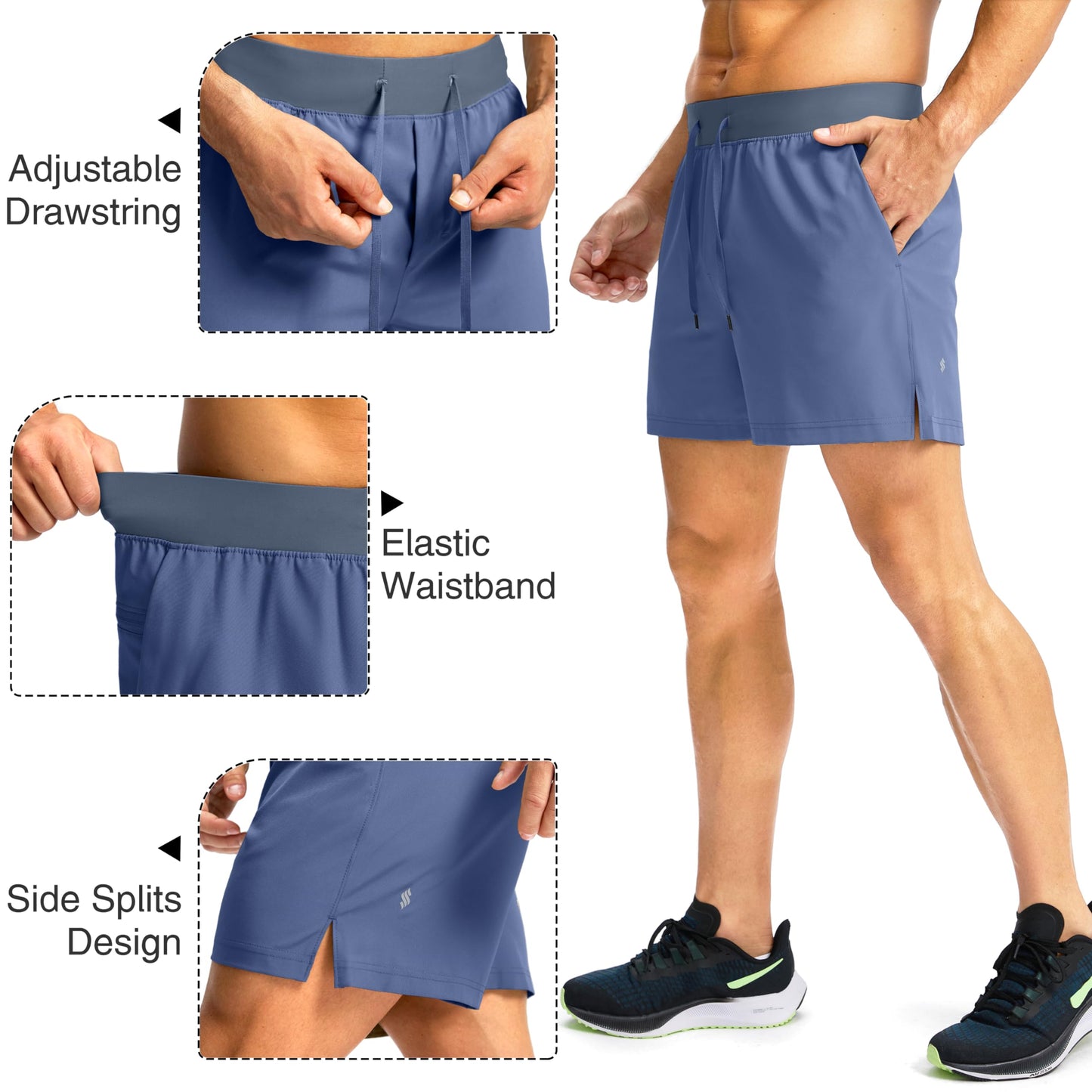 Soothfeel Men's Running Shorts with Zipper Pockets 5 Inch Lightweight Quick Dry Basketball Gym Workout Athletic Shorts for Men (Blue, XL)