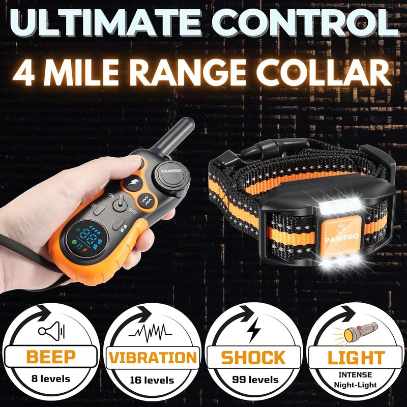 Dog Shock Collar - 4-Mile Remote Range, Waterproof & Rechargeable | 124 Training Levels, Night-Light Mode