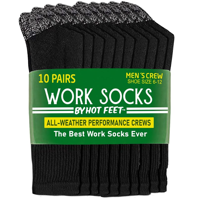 HOT FEET Work Socks for Men, Long All Weather Boot Crew Cotton Socks, Cushioned, Moisture Wicking. Black, 5 Pack, Size: 6-12.5