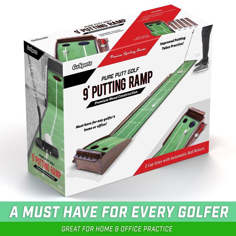 GoSports Pure Putt Golf 9 ft Putting Green Ramp - Premium Wood Training Aid for Home & Office Putting Practice, Includes 9 ft Putting Green and 4 Golf Balls