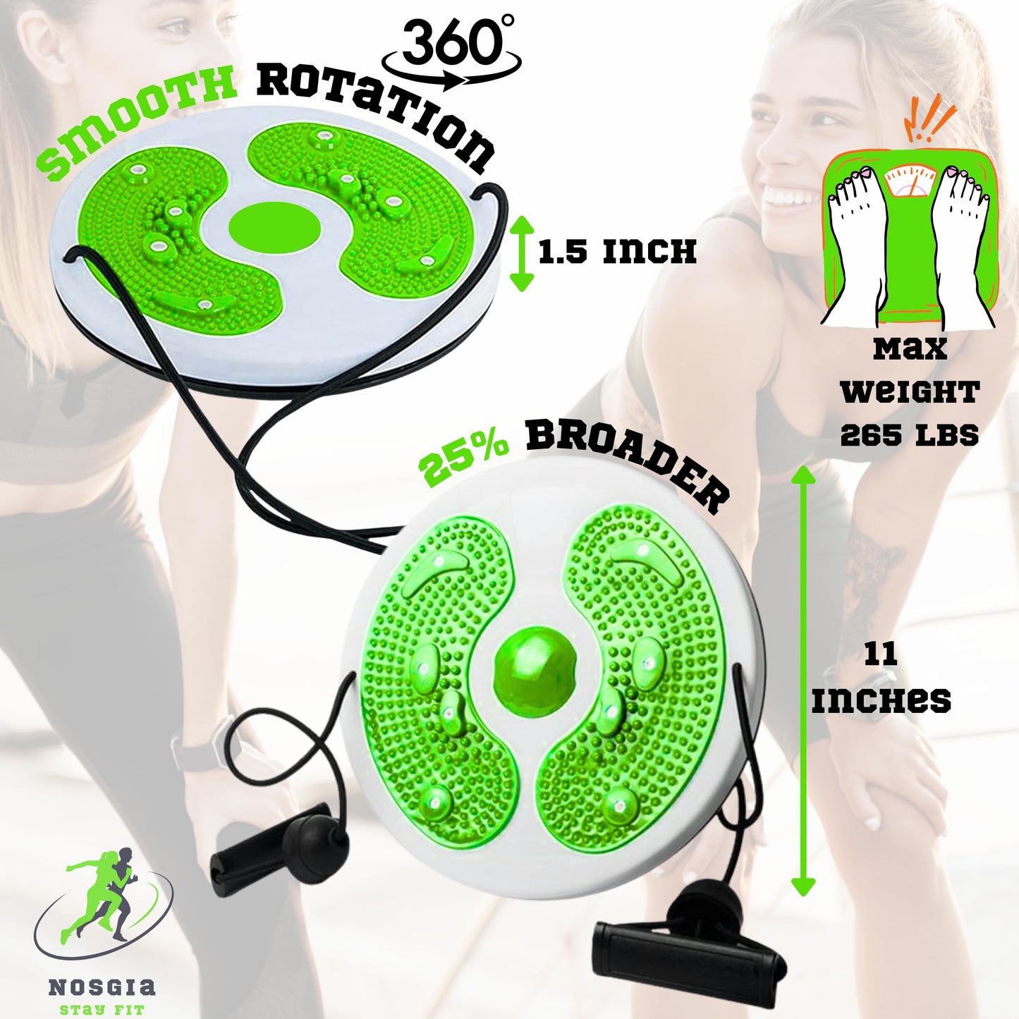 NOSGIA Green Core Ab Twister Board - Double Rope for Exercise and Trainer 11 inch Abs Waist Twisting Disc with 8 Simply Power Magnets Reflexology Machine for Slimming and Strengthening Abdominal Exercise Workout Equipment