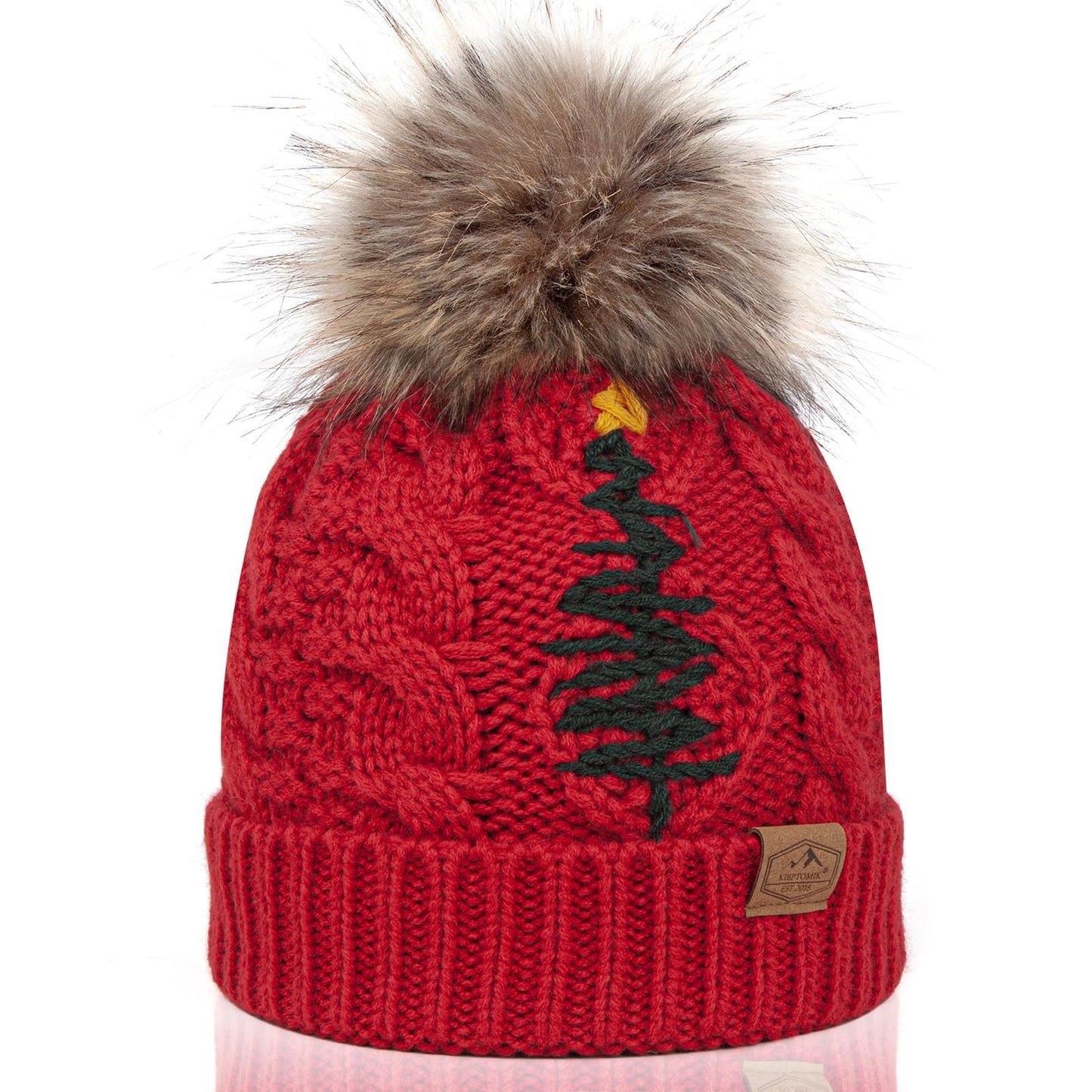 Winter Christmas Pom Pom Beanie Hat for Women Pinetree Embroidered hat Warm Knit Beanie Hat with Fleece Lined (Acrylic, Red)