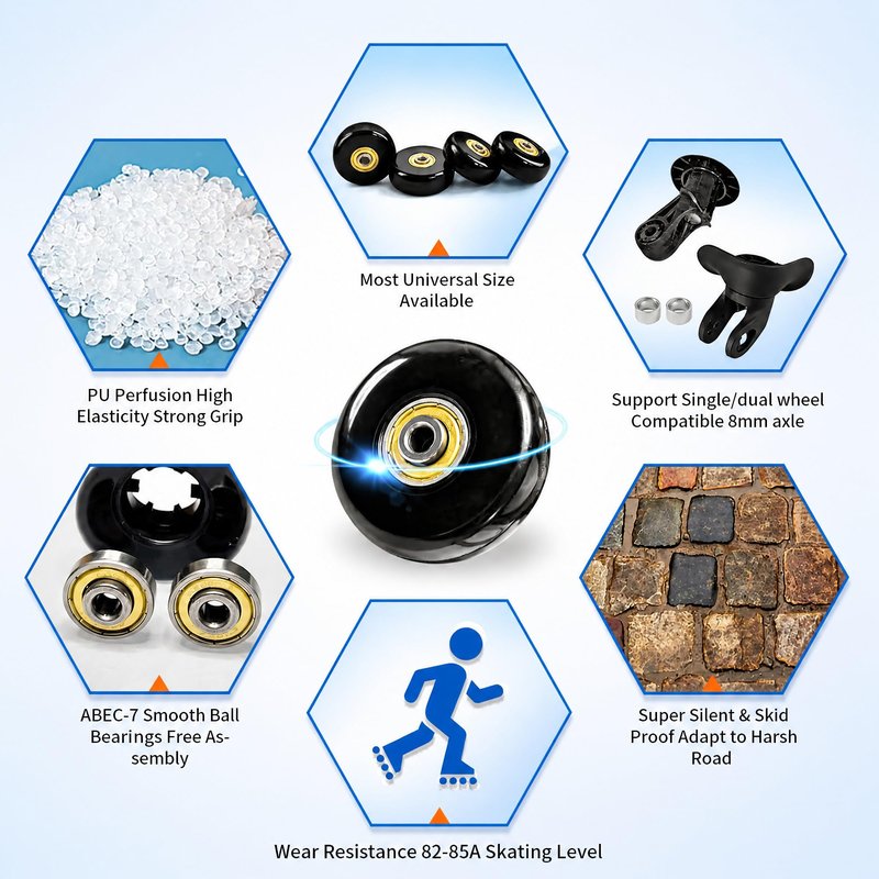 Luggage Wheels Replacement Kit 4PC 2Inch PU Wheels with ABEC-7 Ball Bearing Full Set Repair Tool for Suitcase Travel Box Inline Skate Hand Trolley