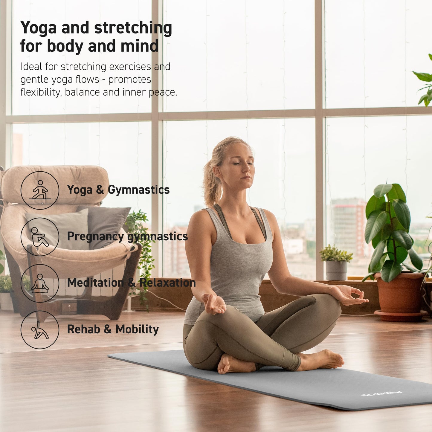 MSPORTS Thick Yoga Mat Premium Non Slip – Extra Comfortable Exercise Mat for Home Workouts, Pilates, Stretching & Gym – Cushioned NBR Foam, Yoga Mat with Strap, for Women & Men (Grey, 74.5 x 40 x 0.6 in)