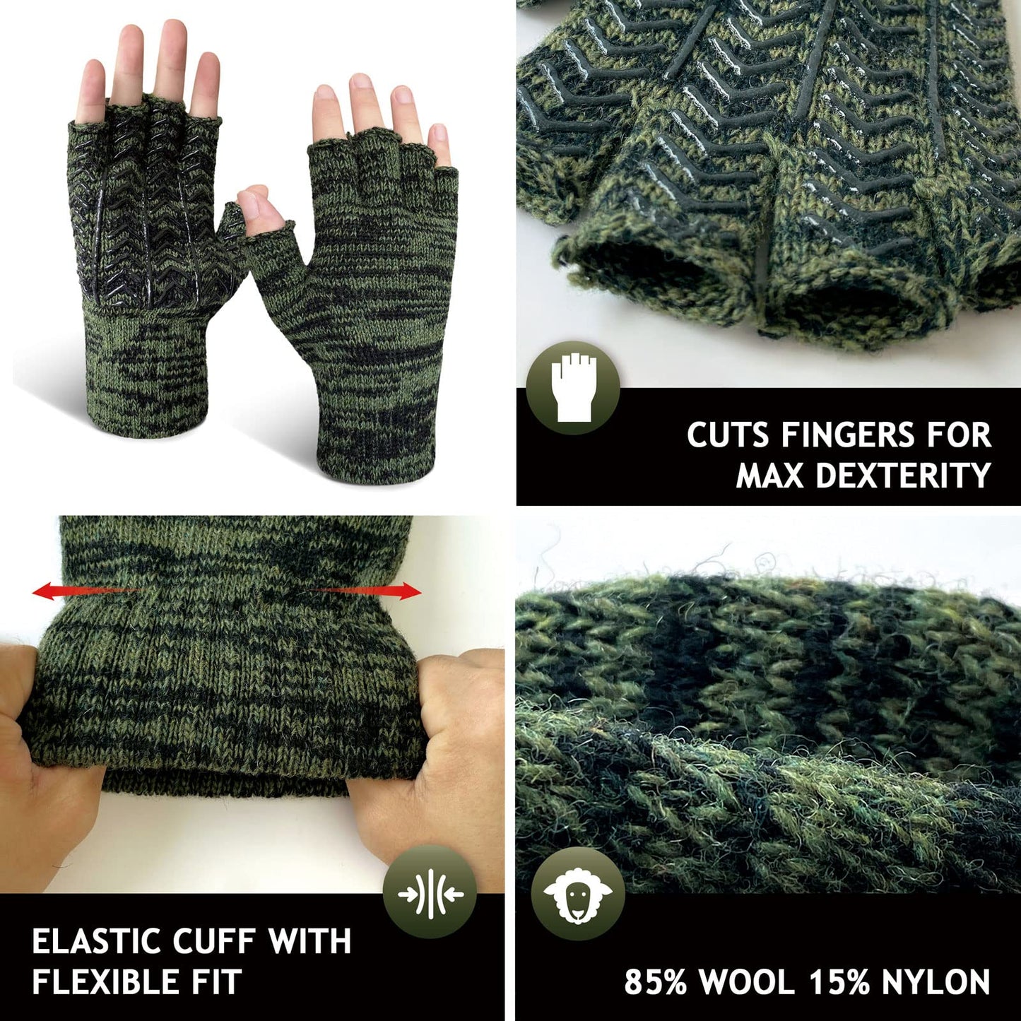 GSAFEME Fishing Hunting Wool Gloves Winter Snow Cold Weather Warm for Men Fingerless Glove Army Green for Fishing, Shooting, Running, Photography/L