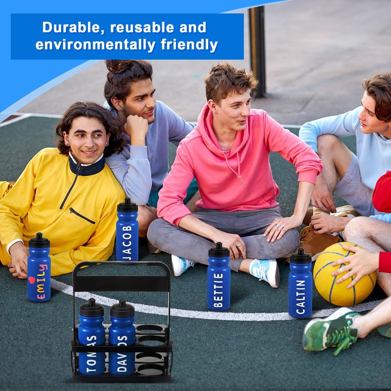 Suclain Water Bottle Carrier with 20 Oz Bottles and Stickers Plastic Wide Mouth Sports Water Bottle Squeeze Team Bottles with Black Lid for Fitness Bike Gym(7 Pcs,Dark Blue)