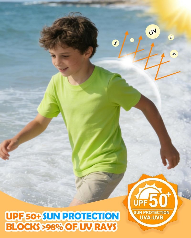 Boys' UPF 50+ Swim Shirt | Short Sleeve Rash Guard for UV Sun Protection - Neon Athletic T-Shirt
