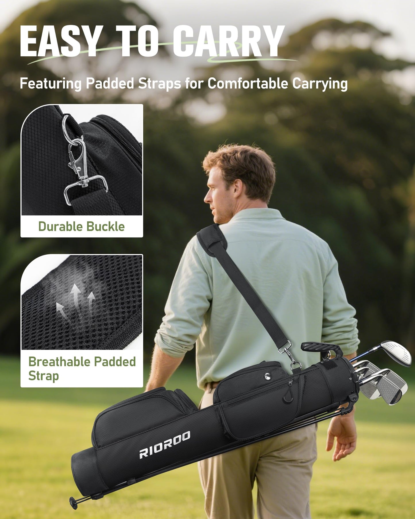 RIOROO Golf Stand Bag, 3 Way Lightweight Par 3 Golf Bag Dividers Fits Up to 9 Clubs, Easy to Carry Pitch n Putt Golf Bag for Driving Range and Executive Courses