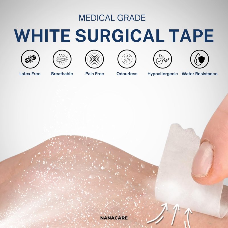 Paper Medical Tape Waterproof, 18 Rolls x 1 inch + 10 pc Gauze Pads - Hypoallergenic Surgical Tape for Wound Care, Dressings & Face, First Aid Waterproof Bandage for Sensitive Skin - NanaCare