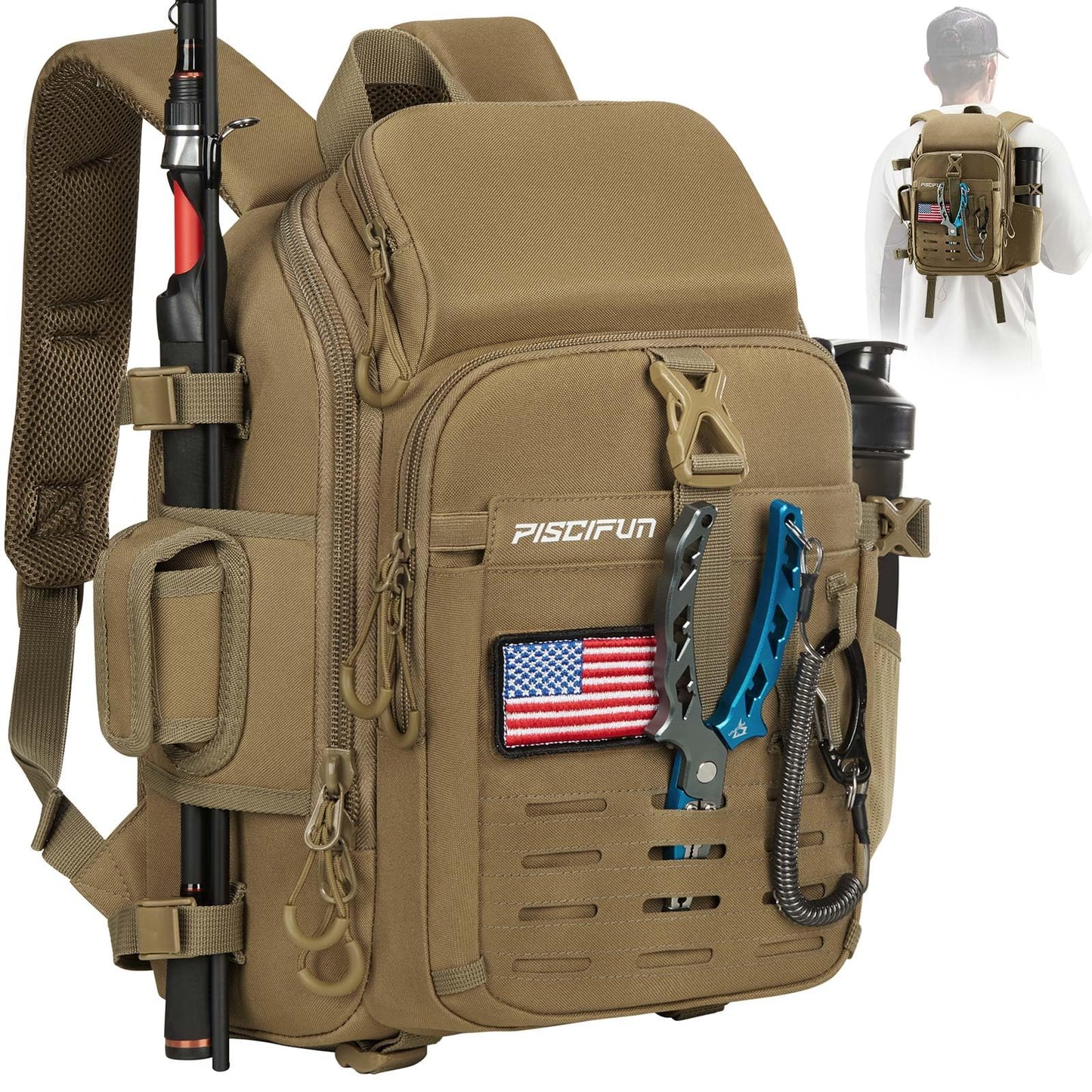 Piscifun Fishing Sling Tackle Bag with Rod & Gear Holder, Lightweight Sling Tackle Storage Bag with Protective Rain Cover, Outdoor Gear for Hiking, Khaki