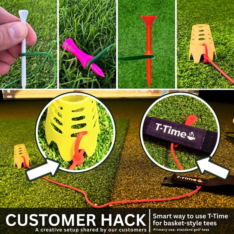 T-Time® Golf Tee Anchor Leash & Tether – US Patented – Keeps Tees in Place for Driving Range and Simulator Practice, 1 Strap + 3 Silicone Strings (Pink, Green, Grey)