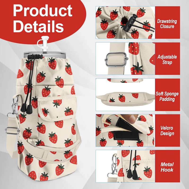 bolimoss Strawberry Water Bottle Holder with Strap 24 32/40oz Water Bottle Carrier Bag, Cute Water Bottle Sleeve with 4 Pocket, Sport Water Holder with Handle Shoulder Strap for Walking Hiking Camping