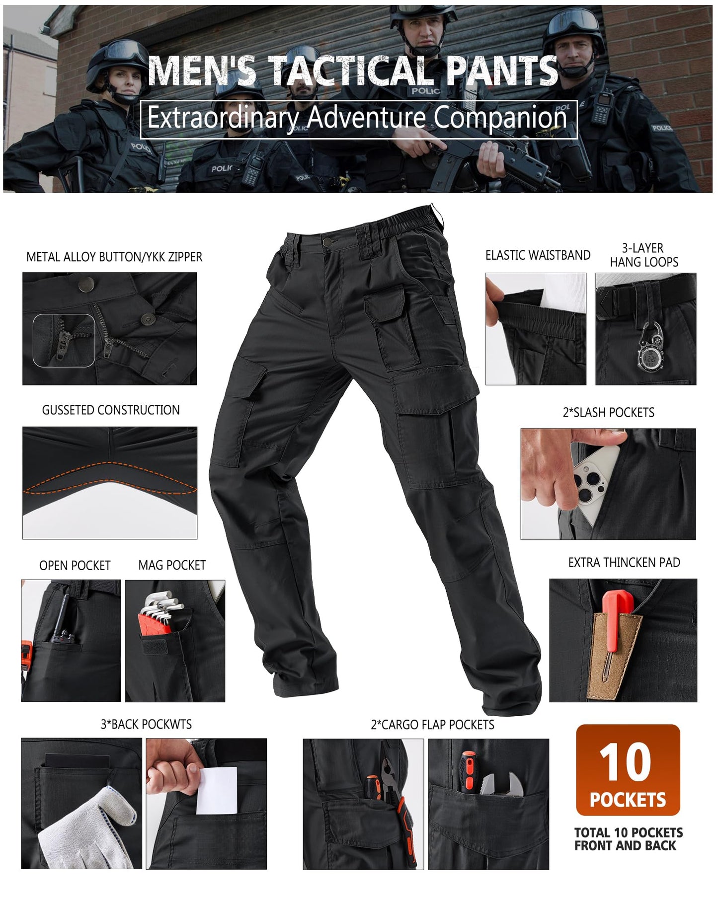 IGOLUMON Men's Stretch Tactical Pants, Ripstop Cargo Pants Outdoor Lightweight EDC Hiking Work Pants with 10 Pockets, Black