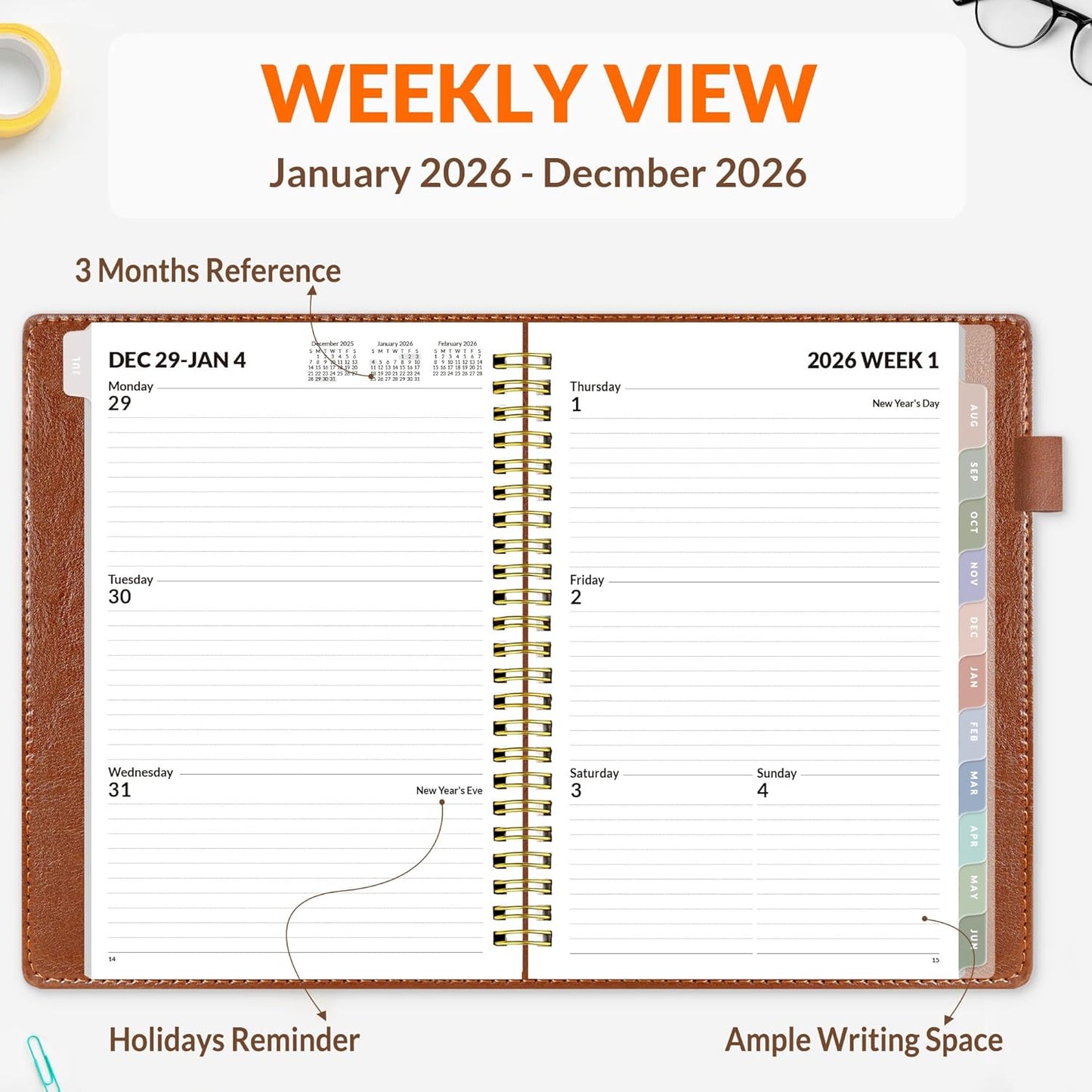 Weekly & Monthly Planner 2026 - Vegan Leather Cover, Pocket, Bookmark | 6.4"x8.5", Brown