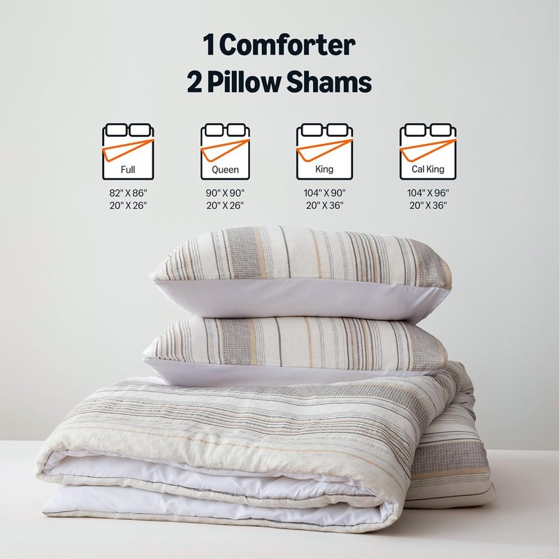 Comforter Set - 3-Piece Jacquard Bedding with 2 Pillow Shams | Queen Size, Beige Striped