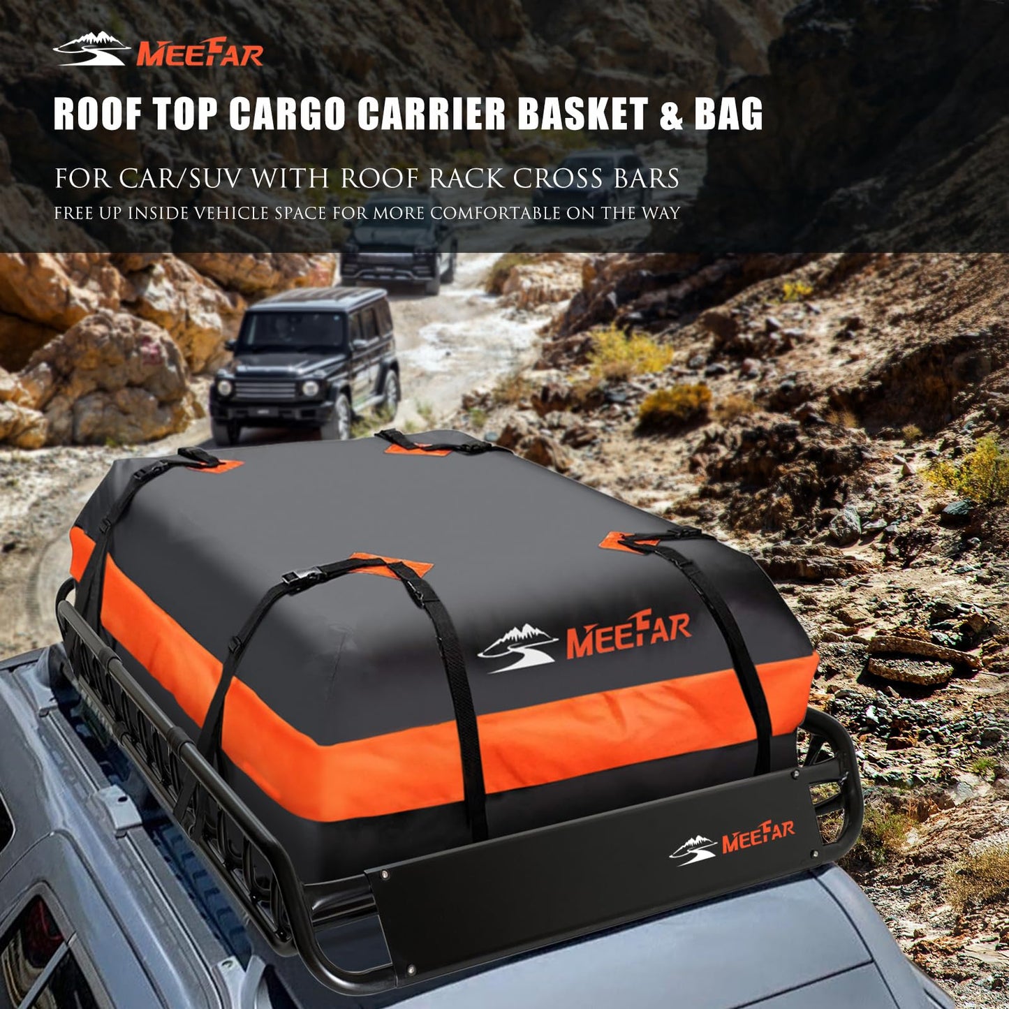 MeeFar Roof Rack Carrier Basket Universal Rooftop 51" X 36" X 5" + Waterproof Bag 15 Cubic Feet (44" 34" 17"), and Cargo Net with Attachment Hooks, Ratchet Straps